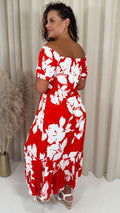 CurveWow Bardot Midi Dress Red/Orange Floral