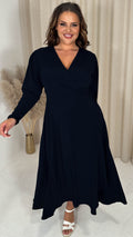 CurveWow Long Pleat Sleeve Wrap Dress Dark Navy