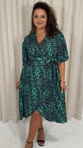 CurveWow Wrap Midi Dress Green Animal