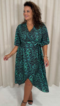 CurveWow Wrap Midi Dress Green Animal