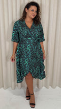 CurveWow Wrap Midi Dress Green Animal