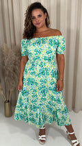 CurveWow Bardot Midi Dress Turquoise Ditsy Floral