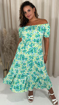 CurveWow Bardot Midi Dress Turquoise Ditsy Floral