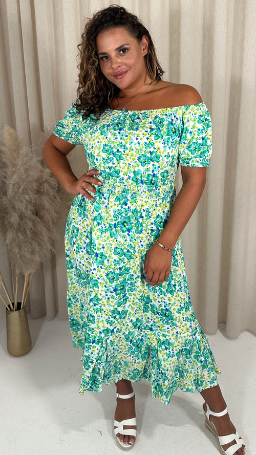 CurveWow Bardot Midi Dress Turquoise Ditsy Floral