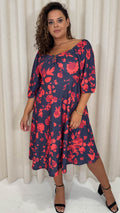 CurveWow Ubar Midi Dress Navy Red Floral