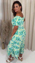 CurveWow Bardot Midi Dress Turquoise Ditsy Floral