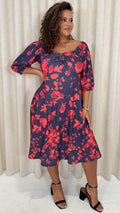 CurveWow Ubar Midi Dress Navy Red Floral