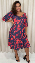 CurveWow Ubar Midi Dress Navy Red Floral