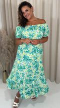 CurveWow Bardot Midi Dress Turquoise Ditsy Floral