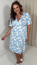 CurveWow Drop Shoulder Wrap Channel Waist Dress Blue Floral