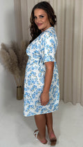 CurveWow Drop Shoulder Wrap Channel Waist Dress Blue Floral