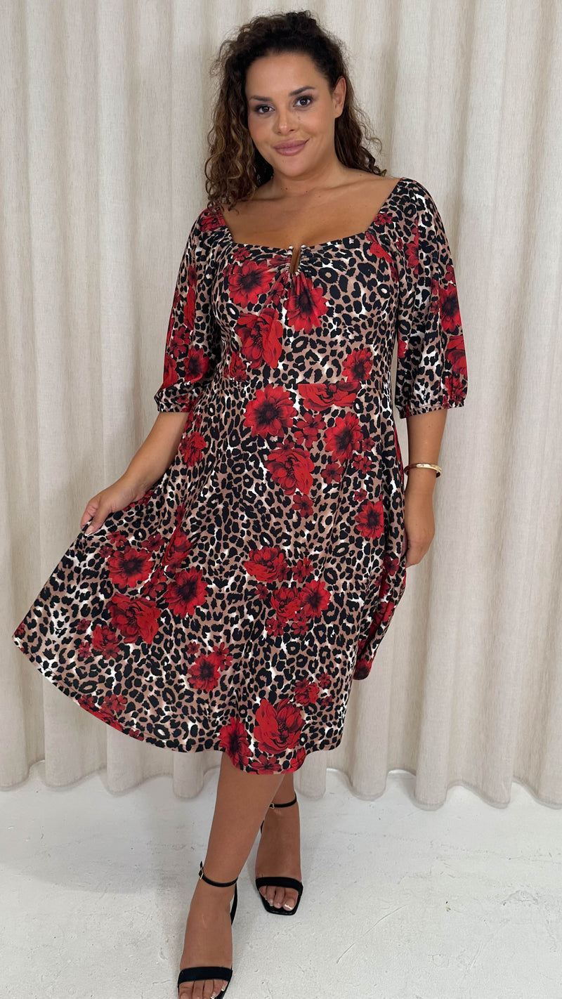 CurveWow Ubar Midi Dress Leopard Rose Print