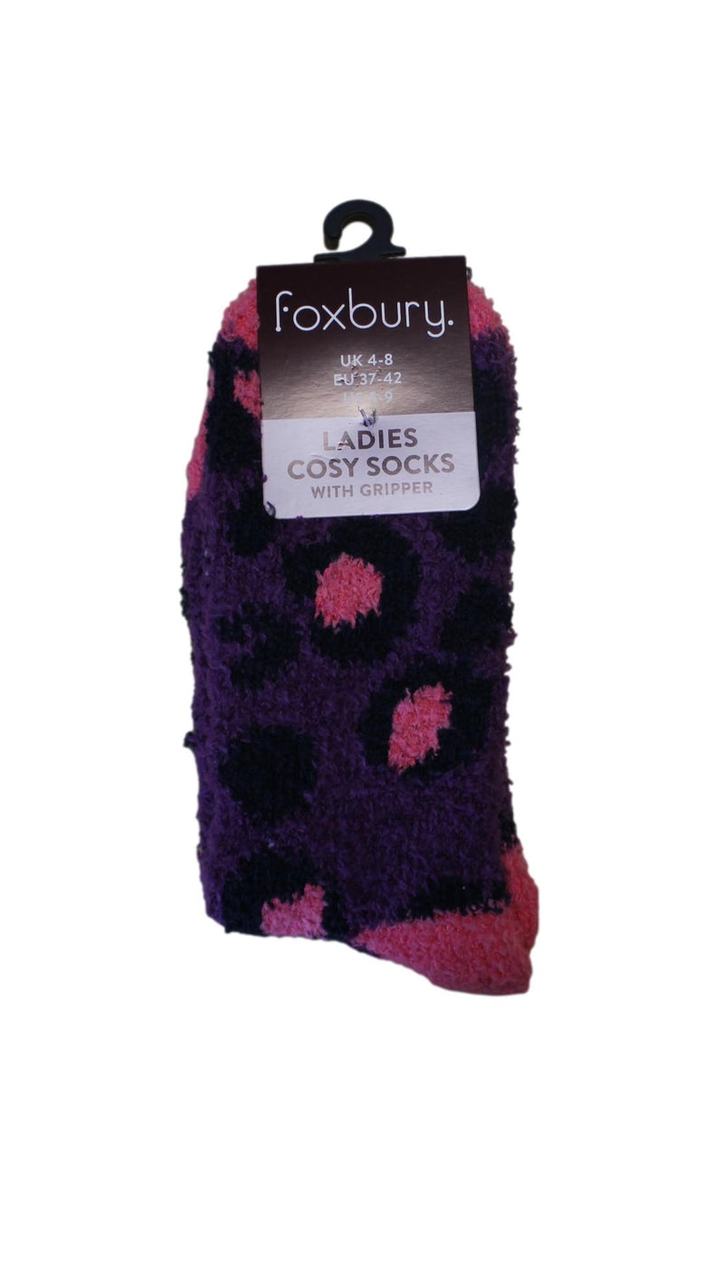 Single Pair Cosy Socks With Gripper Purple Leopard