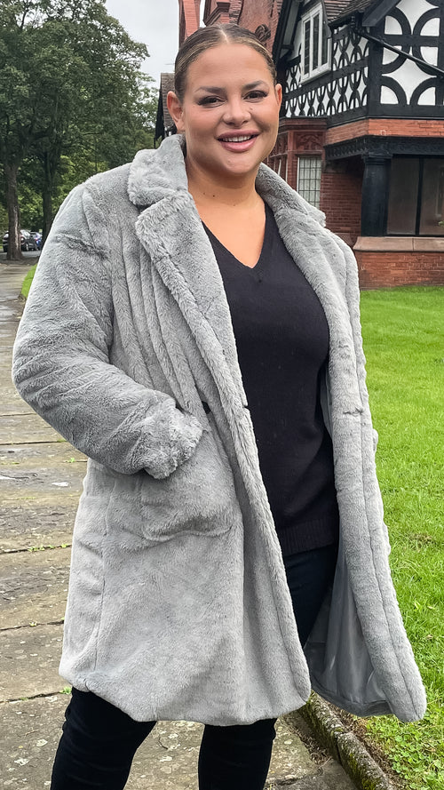 CurveWow Faux Fur Button Front Coat Grey