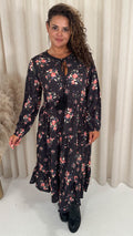 CurveWow Floral Tassel Tiered Dress Black Floral