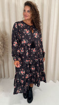 CurveWow Floral Tassel Tiered Dress Black Floral