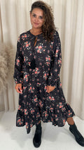 CurveWow Floral Tassel Tiered Dress Black Floral