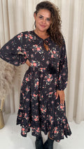 CurveWow Floral Tassel Tiered Dress Black Floral