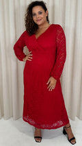 CurveWow Lace Plunge Maxi Dress Red