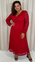 CurveWow Lace Plunge Maxi Dress Red