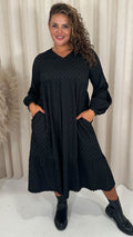 CurveWow Textured V Neck Smock Dress Black