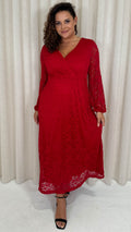 CurveWow Lace Plunge Maxi Dress Red