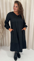 CurveWow Textured V Neck Smock Dress Black