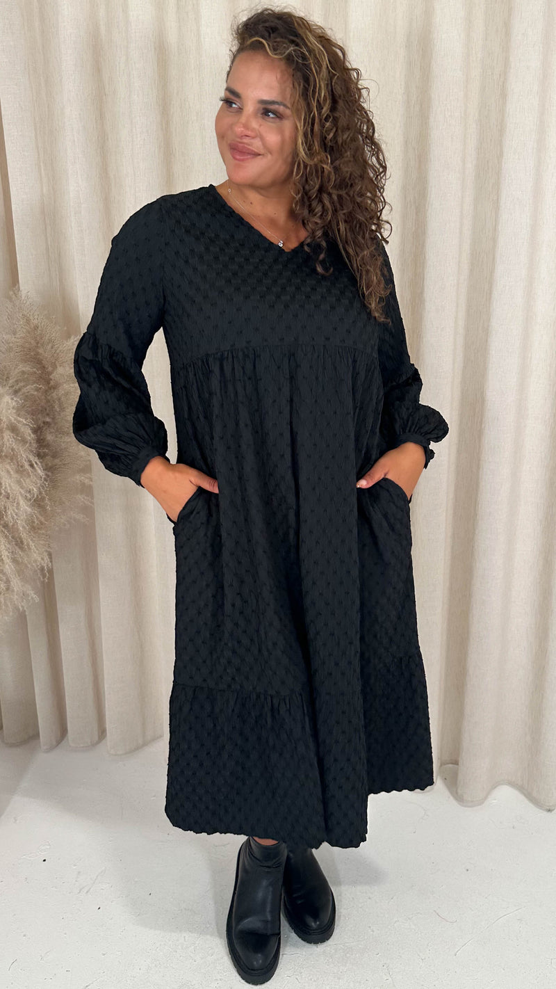 CurveWow Textured V Neck Smock Dress Black