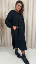 CurveWow Textured V Neck Smock Dress Black