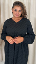 CurveWow Textured V Neck Smock Dress Black