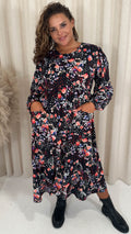 CurveWow Button Front Pocket Midi Dress Black Floral Spot