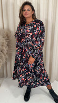 CurveWow Button Front Pocket Midi Dress Black Floral Spot