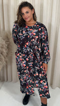 CurveWow Button Front Pocket Midi Dress Black Floral Spot