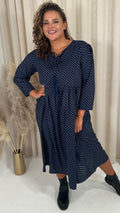 CurveWow Tassel Midaxi Dress Tiny Navy Polka Dot