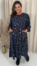 CurveWow Button Front Pocket Midi Dress Blue Animal