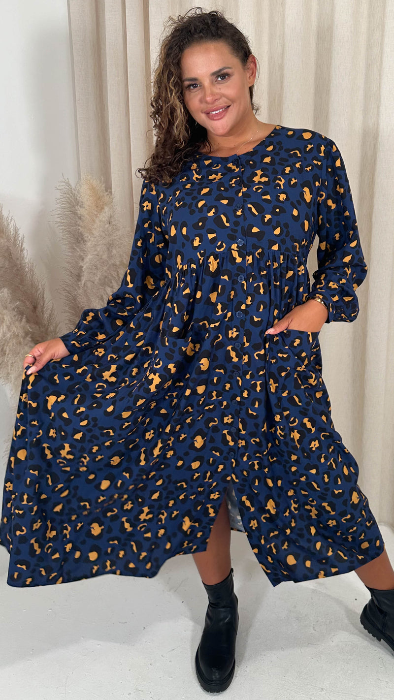 CurveWow Button Front Pocket Midi Dress Blue Animal