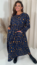 CurveWow Button Front Pocket Midi Dress Blue Animal