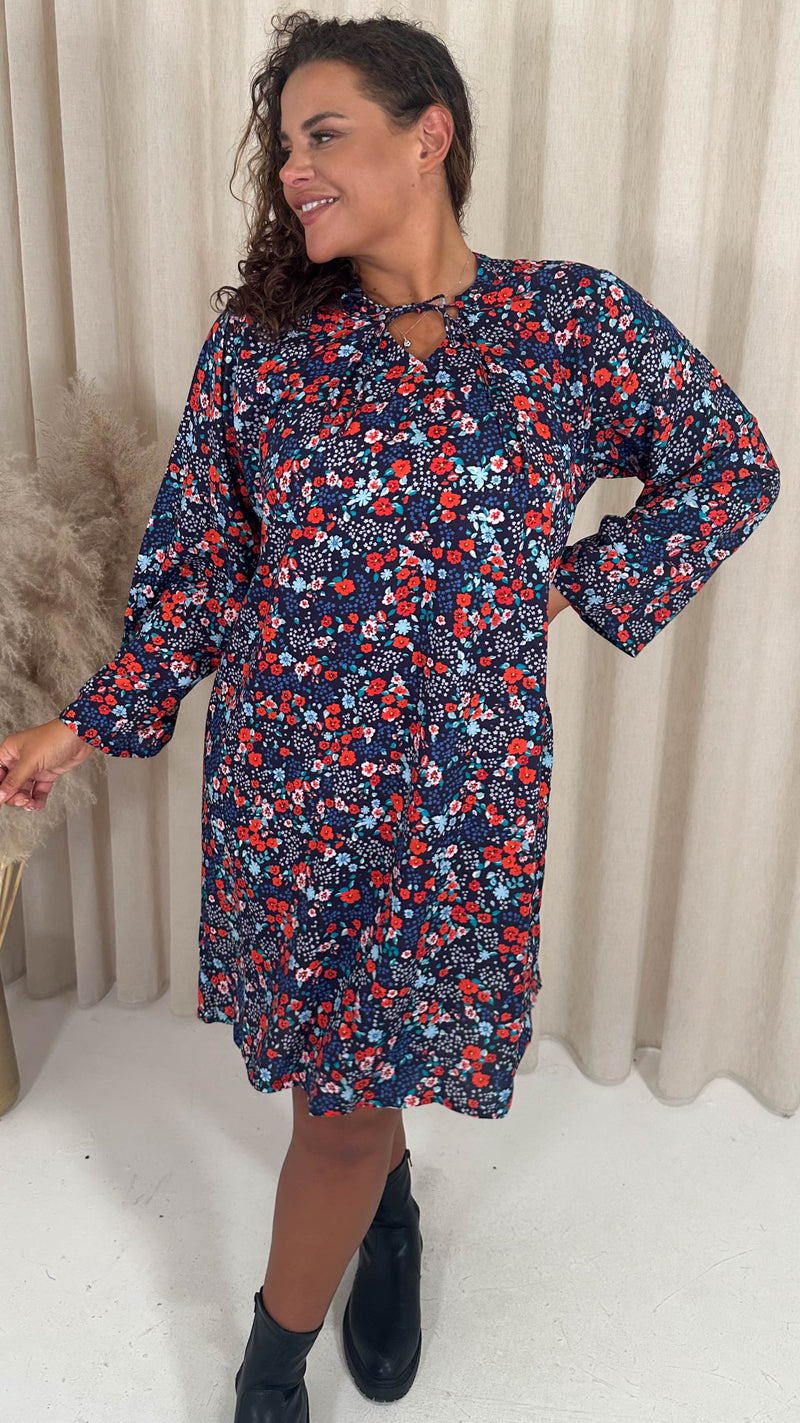 CurveWow Tie Neck Swing Dress Navy/Red Floral