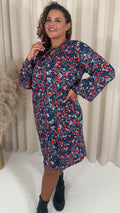 CurveWow Tie Neck Swing Dress Navy/Red Floral