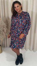 CurveWow Tie Neck Swing Dress Navy/Red Floral