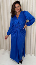 CurveWow Twist Front Satin Maxi Dress Cobalt Blue