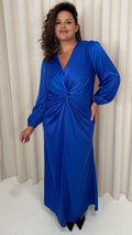 CurveWow Twist Front Satin Maxi Dress Cobalt Blue