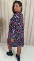 CurveWow Tie Neck Swing Dress Navy/Red Floral