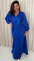 CurveWow Twist Front Satin Maxi Dress Cobalt Blue