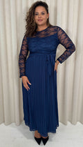 CurveWow Lace Top Pleated Maxi Dress Navy