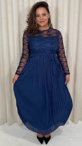 CurveWow Lace Top Pleated Maxi Dress Navy