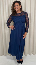 CurveWow Lace Top Pleated Maxi Dress Navy