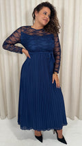 CurveWow Lace Top Pleated Maxi Dress Navy