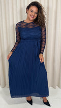 CurveWow Lace Top Pleated Maxi Dress Navy