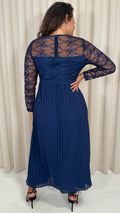 CurveWow Lace Top Pleated Maxi Dress Navy